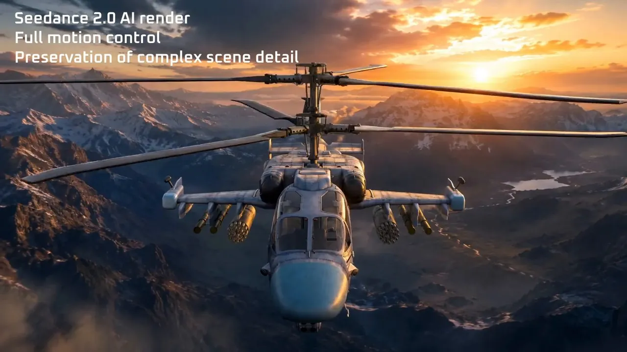 AI-rendered helicopter flying over a mountain valley