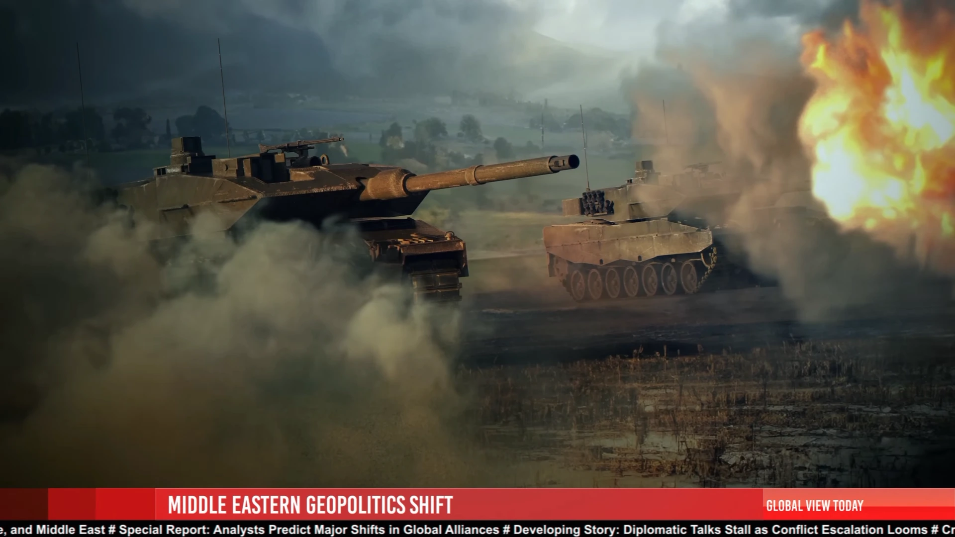 An armoured vehicle sequence presented as fictional news coverage in the Systemic War trailer