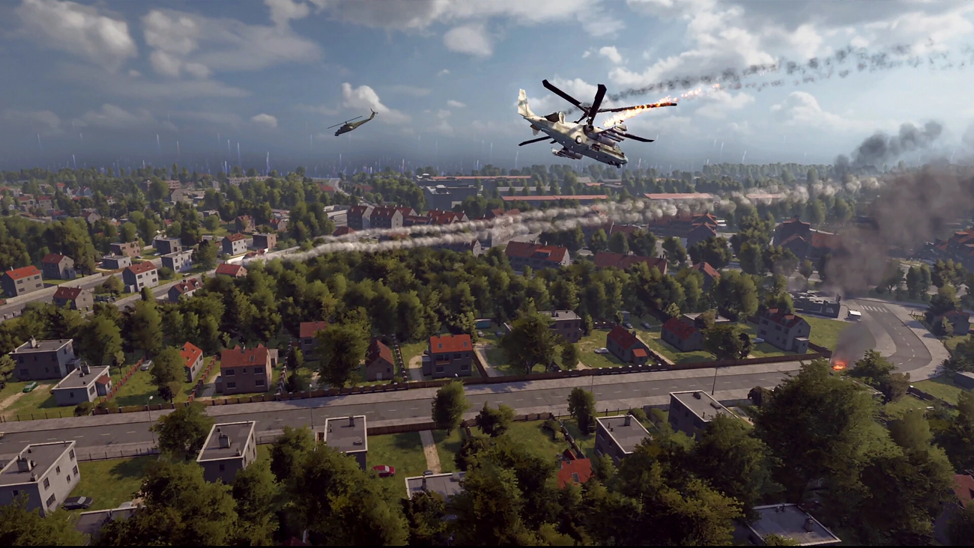Helicopters above a city in Systemic War, from the game's official Steam gallery